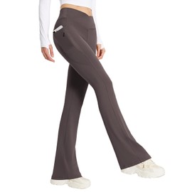 BALEAF Women's Flare Leggings with Zipper Pockets Crossover High Waist Bootcut Yoga Pants Tummy Control Bell Bottom Leggings Brown L