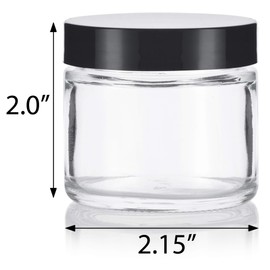 JUVITUS 2 oz / 60 ml Clear Thick Glass Straight Sided Jar with Black Lids (6 pack) Airtight Smell Proof