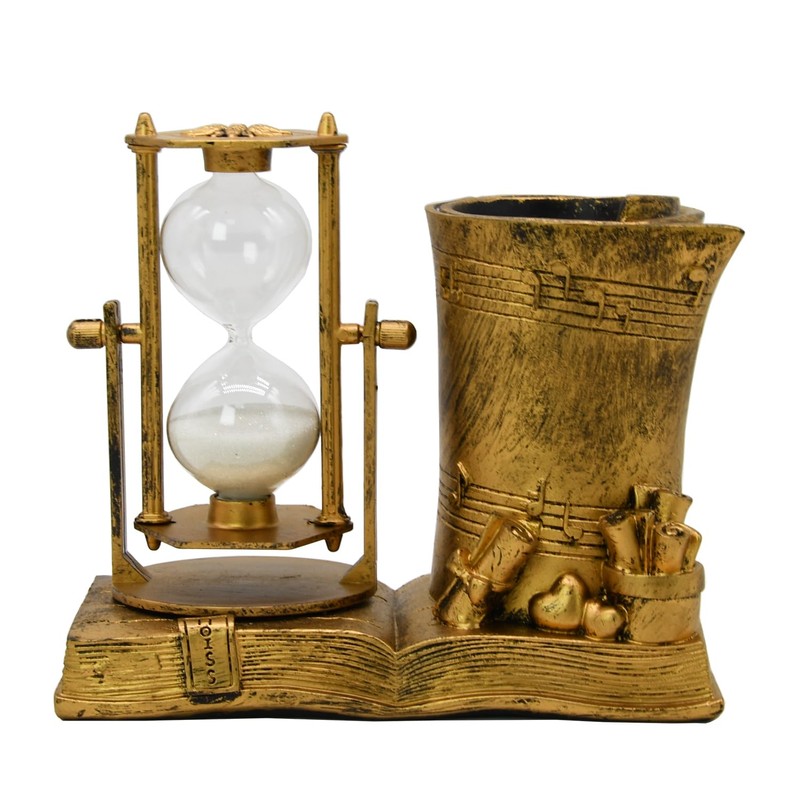 Music-Themed Pencil Holder with Hourglass, Resin Desktop Organizer for Office