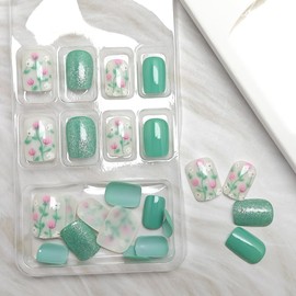24Pcs Green Press on Nails Short Square Flower Fake Nails White Pink Floral Glitter Design Full Cover Reusable Artificial Nails Spring Summer False Nails Stick on Nails for Women Acrylic Manicure Tips