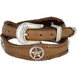 Western Texas Ranger Braided Leather Belt Star Rodeo Cowboy Conchos (Brown, 56)