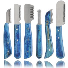 MuskalMed Professional Stripping Knife kit (6 Pieces Set) for Dogs & Pets, Wooden Handle Grip with Stainless Steel Blade (Right Handed) (Blue) VT-171