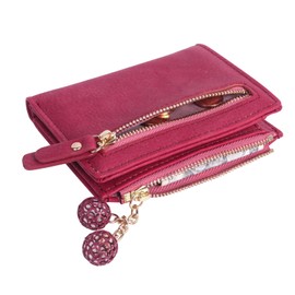 Jiusely Women's Small Wallets, Small leather Purse with Metal Snap Button and Zipper Coin Pocket,Multiple Card Slots & Compartments, Lady’s Foldable Short Wallet with Delicate Pendant.Burgundy Red