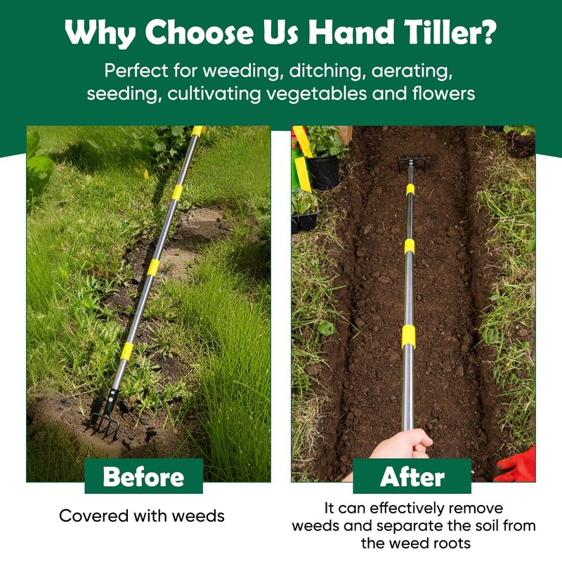 Garden Hand Tiller Cultivator, 4-Tine Adjustable Long Handle, Heavy Duty