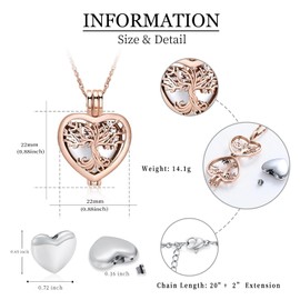 shajwo Heart Cremation Urn Ashes Necklace for Women Men Tree of Life Cremation Ash Pendant Loved One Memorial Jewelry,Rose Gold-Silver