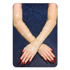 CASDRE Sparkly Rhinestone Long Gloves Fingerless Mesh Elbow Length Arm Sleeves Prom Costume Gloves for Women, Champagne Gold, One Size