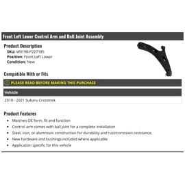 Marketplace Auto Parts Front Left Driver Side Lower Control Arm and Ball Joint Assembly - Compatible with 2018-2021 Subaru Crosstrek