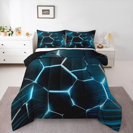 Honeycomb Comforter Set Hexagonal Ombre Blue Comforter for Kids Boys Girls Teens Geometrical Bedding Set Beehive Modern Geometric Duvet Set Simplistic Room Decor Quilt King Size Boys