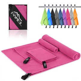Pameil Microfibre Towel Set of 3 (160 x 80 cm Large Bath Towel + 2 Pieces 80 x 40 cm Small Towel), Travel Towel Quick-Drying Microfibre Towels for Fitness Sauna (Pink)