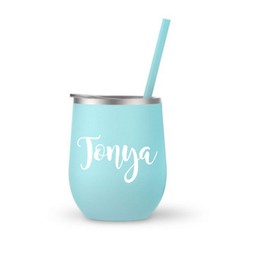 Seafoam Stemless Wine Steel Tumbler with Name- Many Font Choices