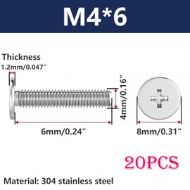 Ctyjia 20 PCS Thin Flat Head Screws, 304 Stainless Steel Phillips Drive Machine Screw, M4 x 6mm Furniture Bolts, for Bed & Wood Furniture
