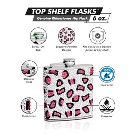 Genuine Rhinestones Hip Flask Holding 6 oz - Leopard Pattern Design - Pocket Size, Stainless Steel, Rustproof, Screw-On Cap - Pink, White and Black Finish