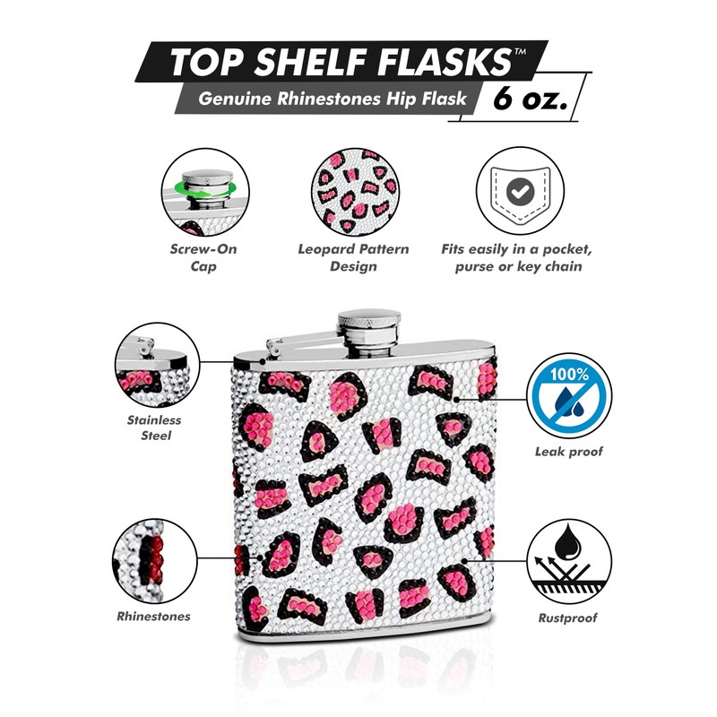 Genuine Rhinestones Hip Flask Holding 6 oz - Leopard Pattern