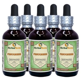 Fenugreek (Trigonella foenum-graecum) Glycerite, Organic Dried Fruits Alcohol-Free Liquid Extract (Brand Name: HerbalTerra, Proudly Made in USA) 5x2 fl.oz (5x60 ml)