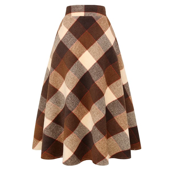 IDEALSANXUN Womens Plaid Wool Skirts Elastic Waist A-Line Pleated Tartan
