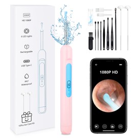 Ear Wax Removal Tool Camera, 1080P Ear Cleaner with Camera, Ear Wax Removal Kit with 6 LED Lights/10Pcs Ear Care Kit, Otoscope Ear Cleaning Kit for iOS/Android (Includes Goose Feather Stick, Pink)