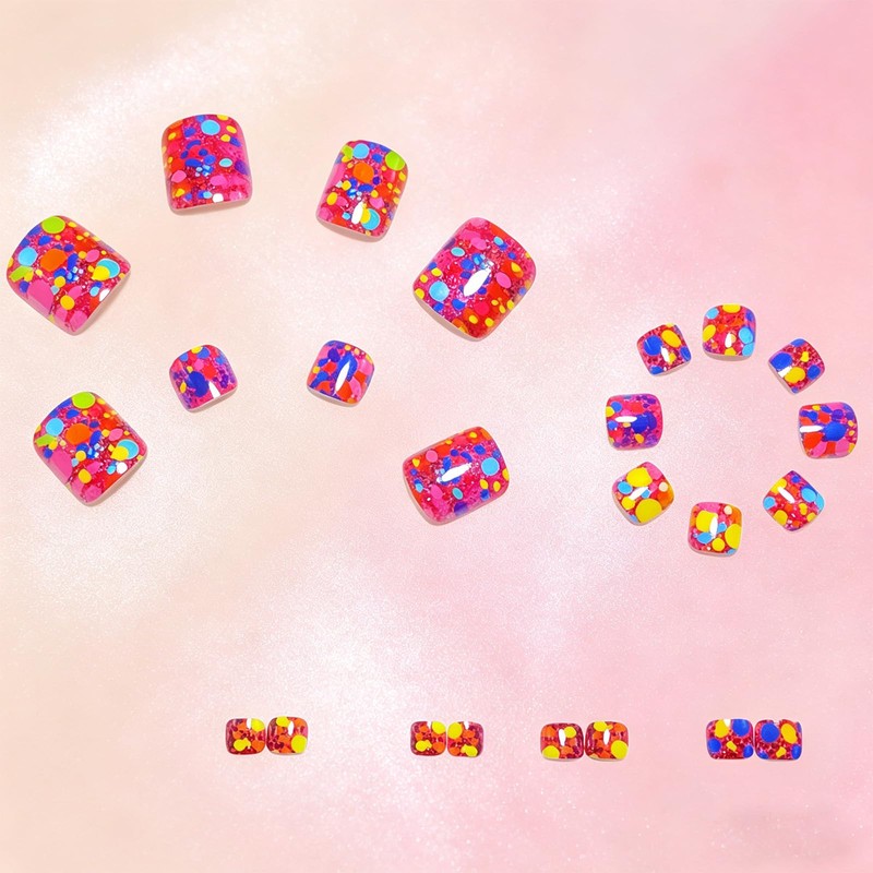 Rainbow Polka Dot Press on Toenails Short Square Fake Toe
