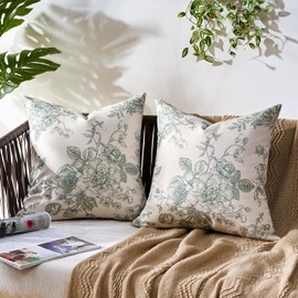 Outdoor Cushion Weatherproof Cushion Cover Waterproof Decorative Cushion Covers 40 x 40 cm Cushion Covers Sage Green Flowers Decorative Cushion Cover Spring Summer Rustic Farmhouse for Garden Sofa Couch Set of 2