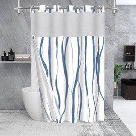 SSCRCUSLY No Hook Shower Curtain with Snap in Liner Set, White Hotel Style with Blue Striped Design, 71x74 Inches