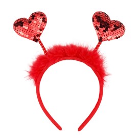 Valentine Double Heart Headband Glitter Head Boppers Headbands Sequin Love Hair Band Red Fax Fur Hair Hoop Sparkle Heart Hair Accessories for Girls Women Valentine's Day Wedding Party Gift