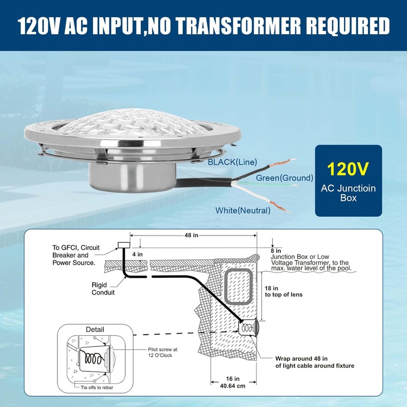 10 Inch LED Pool Lights for Inground Pool,Cool White,AC120V,100FT