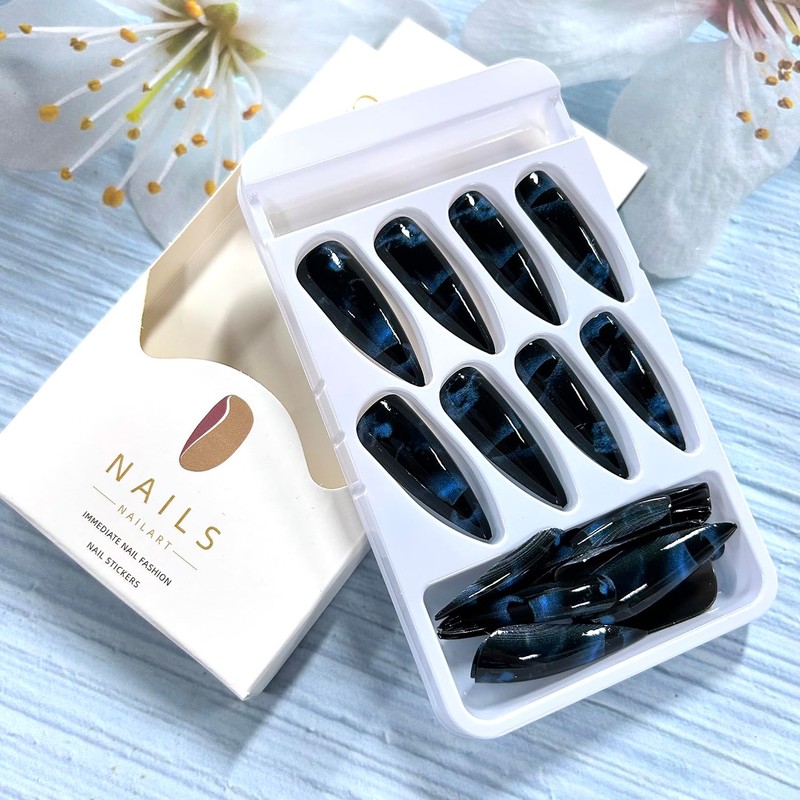 Dark Blue Almond Tip Press on Nails Extra Long Black