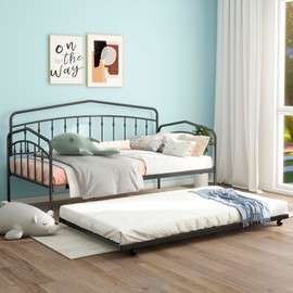 Twin Size Daybed with Trundle,Metal Day Bed Frame,Heavy Duty Trundle Bed Twin with Steel Slats for Living Room,Bedroom and Guest Room,Black