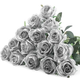 Hotop 20 Pcs Artificial Rose Flowers with Long Stem,Real Touch Silk Realistic Plastic Bouquet Roses Bulk for Home Decor Bridal Wedding Party Table Centerpieces Decorations (Silver)