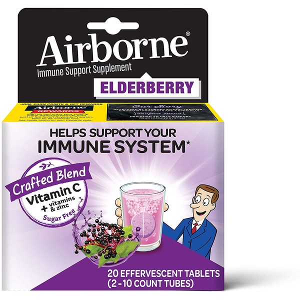 Airborne Elderberry Extract + Vitamin C 1000mg (per serving) - Effervescent Tablets (20 count in a box), Gluten-Free Immune Support Supplement, With Vitamins A C E, Zinc, Selenium, Sugar Free