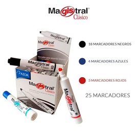 AZOR - Marcadores Para Pizarrón Blanco, Magistral, 25 Piezas, Plumones Para Pizarron, Punta De Cincel, Trazos Perfectos, Bajo Aroma, 301.83425