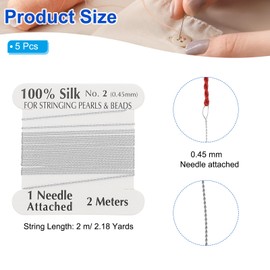 PATIKIL Silk Cord Thread, 5 Pcs Pure Silk Beading Thread Cord Size 0.45 mm with the Knotting Pearls Needle Attached, Light Grey
