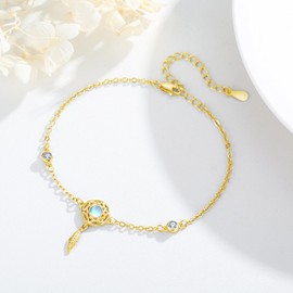 XIXLES Dream Catcher Bracelets 925 Sterling Silver Dream Catchers Moonstone Bracelet for Women Girls Dreamcatcher Bracelets Gold Feather Link Chain Bracelets Adjustable Boho Jewellery Gifts