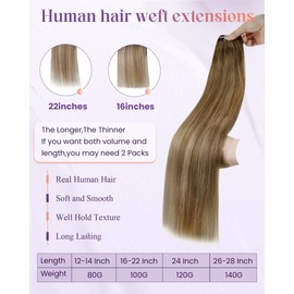 LaaVoo Sew in Hair Extensions Real Human Hair Brown Balayage Sew in Human Hair Extensions Long Hair Weft Hair Extensions Light Brown Ombre Golden Blonde 22 Inch 100g