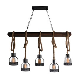 Unitary Brand Rustic Black Metal and Wood Body Cage Shades Dining Room Multi Pendant Lighting with 5 E26 Bulb Sockets 200W Painted Finish
