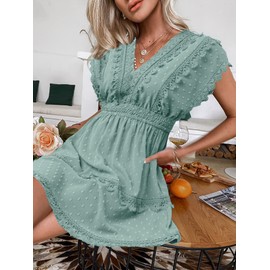 Vintagton Women's Summer Lace V Neck A Line Mini Sundress Casual Boho Swiss Dot Cap Sleeve Short Homecoming Dress(Sage Green XL)