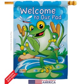 Breeze Decor Bugs & Frogs Frog House Flag Dowel Set Garden Friends Butterfly Ladybugs Dragonfly Bee Springtime Insect Natural Wildlife Small Decorative Gift Yard Banner Double-Sided Imported 28 X 40