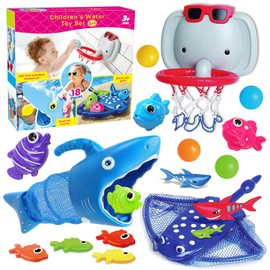 CORPER TOYS 18-pcs 3 in 1 Bath Toys Water Play Set for Toddlers with Elephant Basketball Hoop, Fishing Nets & Colorful Fish & Balls Bathtub Toy for Boys Girls 3+