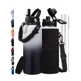 40 oz Insulated Water Bottle with Straw & Spout Lids, Paracord Handle, Bottle Holder with Strap, 40 oz Stainless Steel Water Bottle Cold for 48H, Vacuum Metal Thermal Flask for Work Travel