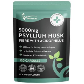 Psyllium Husk Capsules 5000mg with 500 Million CFU Lactobacillus Acidophilus, 120 Psyllium Husks Capsules, Natural Soluble Fiber Supplement from Raw Plantago Ovata Seeds, Digestive, Gut Health Support