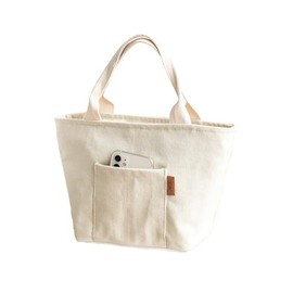 Insulated Lunch Bag, Bento Bag, 7.9 x 7.9 x 6.3 inches (20 x 20 x 16 cm), White, Canvas Fabric