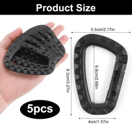 Plastic Carabiner Hook Set of 5 - Large D-Shape Carabiner Clips for Outdoor Activities, Molle Carabiners for Hiking, Camping, Fishing, and Home Use, Black, Spring-Loaded Clasp, Secure Attachment