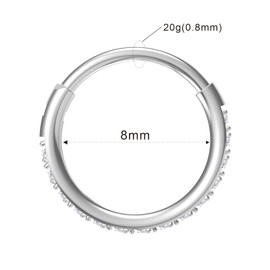 NORO OLO 20Gx8mm Thin Diamond Steel Hinged Hoop Nose Ring with Paved Clear Gems, Hypoallergenic Orbital Earring for Women