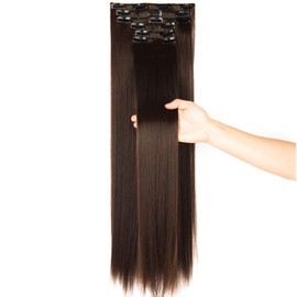 24"-26" Clip in Hair Extensions 6Pcs 16 Clips Curly Wavy Straight Thick Clip on Synthetic Hair Extension Hairpieces Medium Brown#