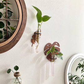 2 Pack Plant Propagation Station Wall Hanging Wooden Leaf Plant Terrarium for Hydroponics Home Office Decor Test Tube Propagate Air Plant Cutting Holder