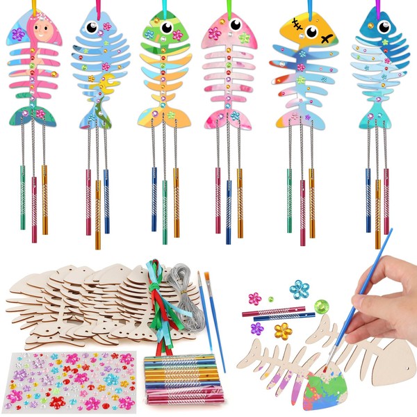 Beria Wind Chime Kits for Kids - 12 Pack, Make Your Own Fish Wind Chime Wooden Craft for Kids, Decorative Wooden Hanging Wind Chime, DIY Coloring Fish Arts, Gift for Boys/Girls