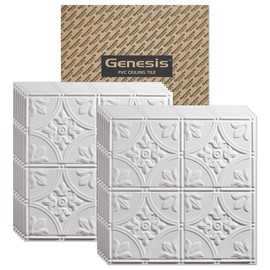 Genesis 2ft x 2ft White Antique Ceiling Tiles - Easy Drop-in Installation – Waterproof, Washable and Fire-Rated - High-Grade PVC to Prevent Breakage - Package of 12 Tiles