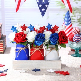 Nuogo 4th of July Mason Jar Centerpiece for Table Independence Day Farmhouse Mason Jar Decor Include 1 Decorative Wood Tray 3 Decorative Jars 15 Rose Flowers 9 Star Sticks for Home Decorations