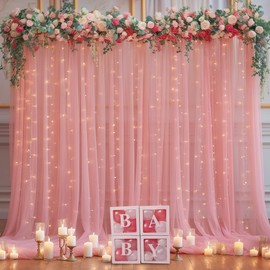 10ft x 10ft Dusty Rose Backdrop Curtain with Lights String for Parties, Sheer Tulle Wedding Photo Backdrops Drapes for Baby Shower Birthday Party Decorations Background for Photography