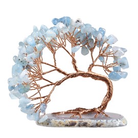 mookaitedecor Aquamarine Crystal Tree with Agate Slices Base, Feng Shui Gemstone Tree Healing Crystals Tree of Life Decoration Spiritual Gifts, 7.6-10.2 cm High