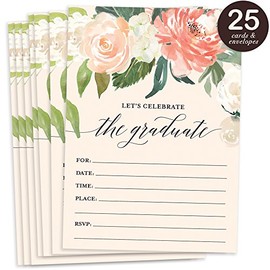 Digibuddha DB Party Studio 25 Graduation Invitations w Envelopes (Pack of 25) Large 5x7 Fill In Peach Floral Grad Party Excellent Invites VI0038B
